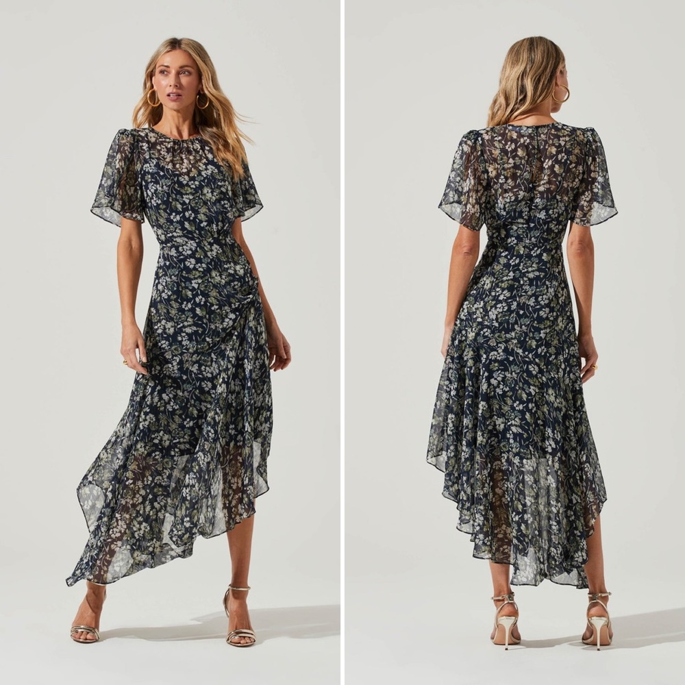 ASTR the Label Blue Metallic Floral Asymmetrical Ruffle  Maxi Dress Size Small